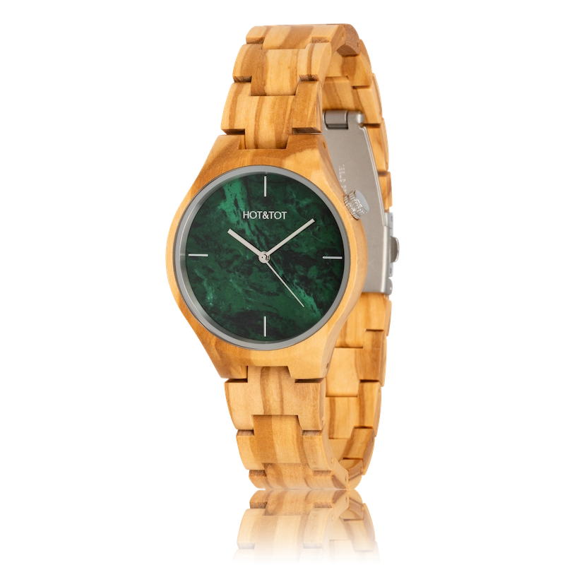 VOLEA Armbanduhr | Unisex Holzuhr | Grüner Marmor | Olive | Nachhaltig