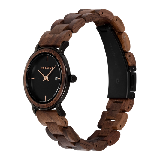 NYX | Holzuhr für Damen | Walnussholz | Roségoldener Edelstahl | 32 mm