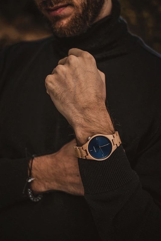 NEU FAUN Armbanduhr | Holzuhr | Nordamerikanischer Ahorn | Silber | Blau