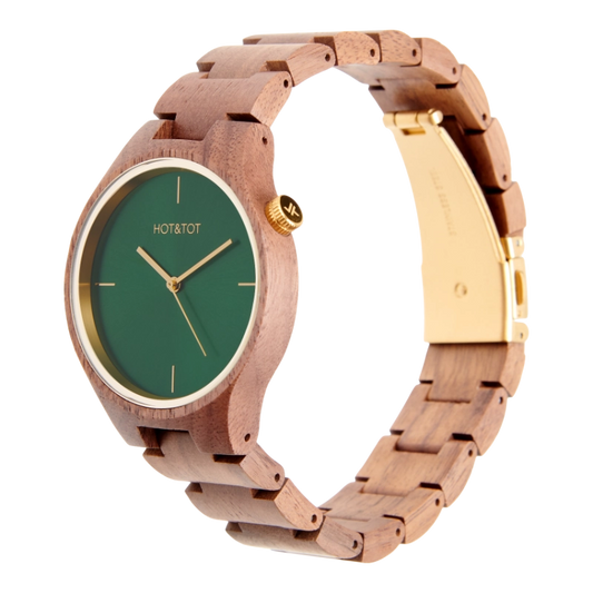 NEW SILVA Armbanduhr | Unisex Uhr aus Nussbaumholz | Gold | Grünes Zifferblatt | 40 mm