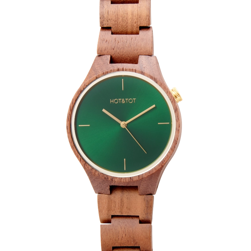 NEW SILVA Armbanduhr | Unisex Uhr aus Nussbaumholz | Gold | Grünes Zifferblatt | 40 mm
