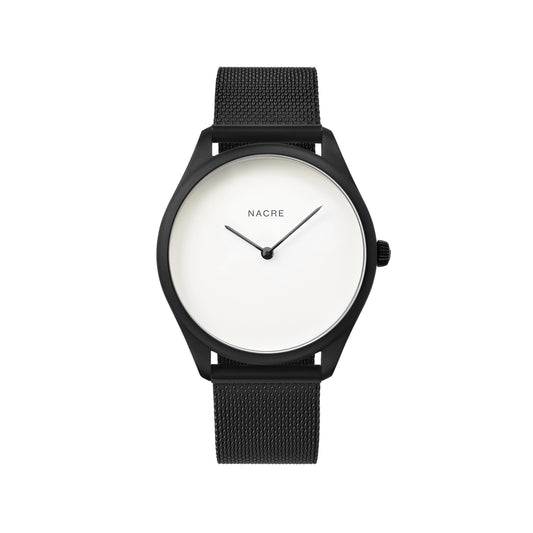 Perle Lune Uhr – Pearlized Zifferblatt & matt schwarzes Meshband