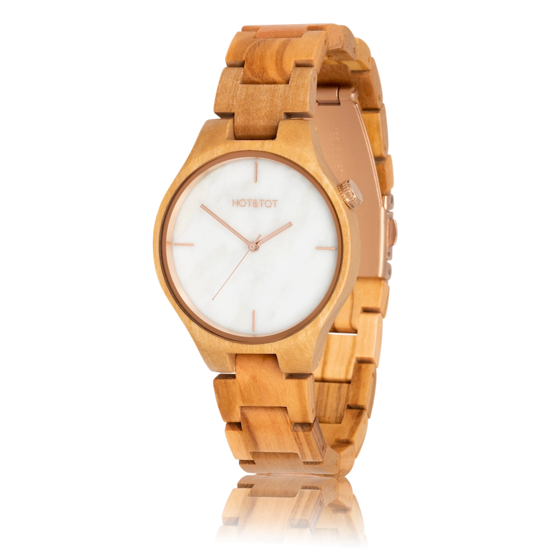 TAYGA Armbanduhr | Holzuhr | Weißer Marmor | Nachhaltig | Roségold