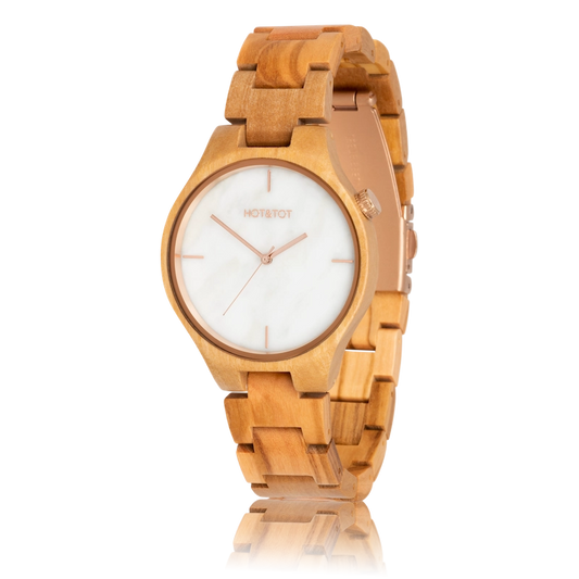 TAYGA Armbanduhr | Holzuhr | Weißer Marmor | Nachhaltig | Roségold