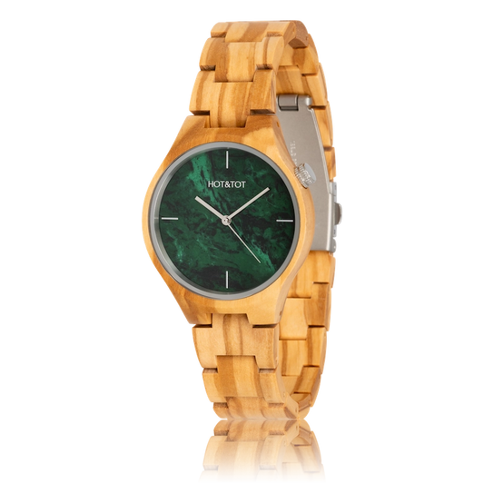 VOLEA Armbanduhr | Unisex Holzuhr | Grüner Marmor | Olive | Nachhaltig