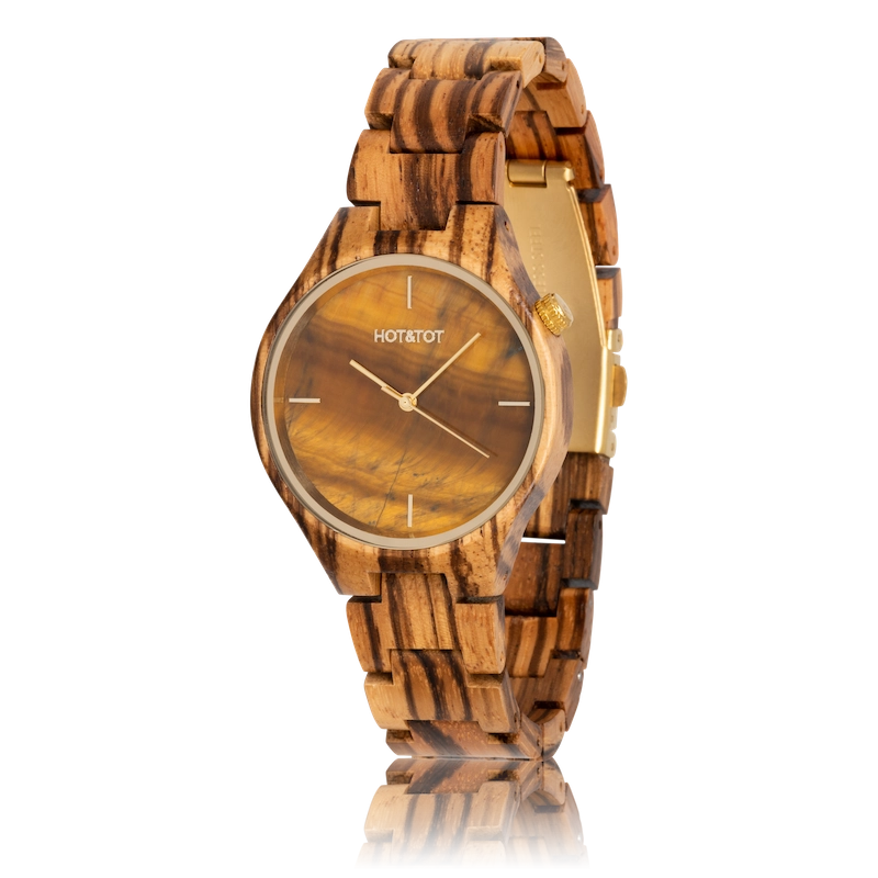 TIGANO Armbanduhr | Unisex Holzuhr | Tigerauge Stone | Nachhaltig | Gold