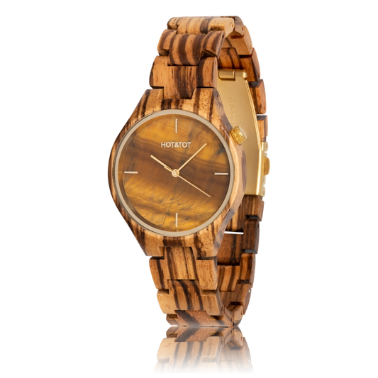 TIGANO Armbanduhr | Unisex Holzuhr | Tigerauge Stone | Nachhaltig | Gold