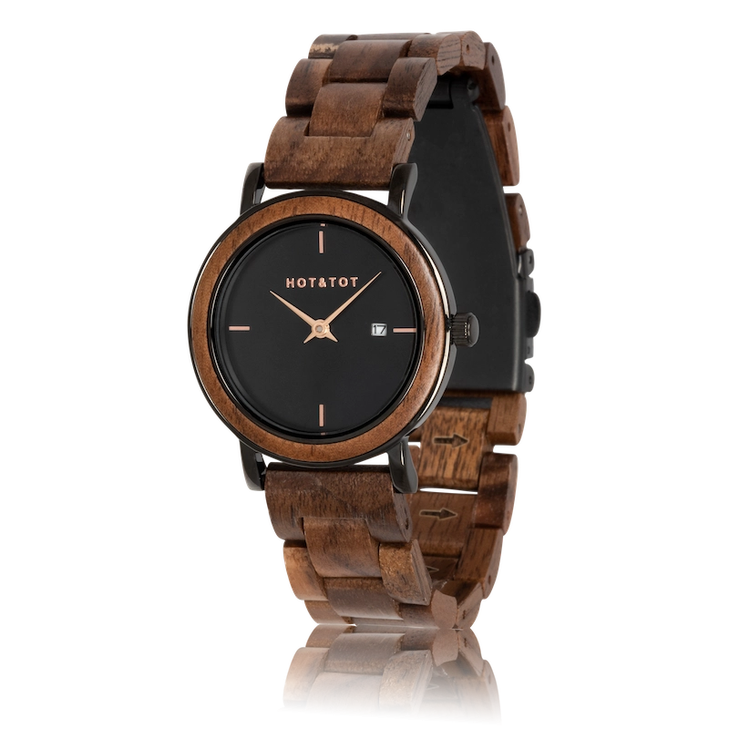 NYX | Holzuhr für Damen | Walnussholz | Roségoldener Edelstahl | 32 mm