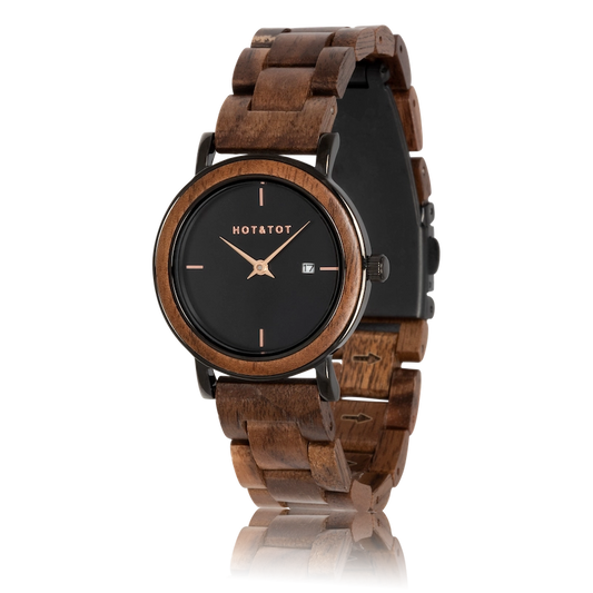 NYX | Holzuhr für Damen | Walnussholz | Roségoldener Edelstahl | 32 mm