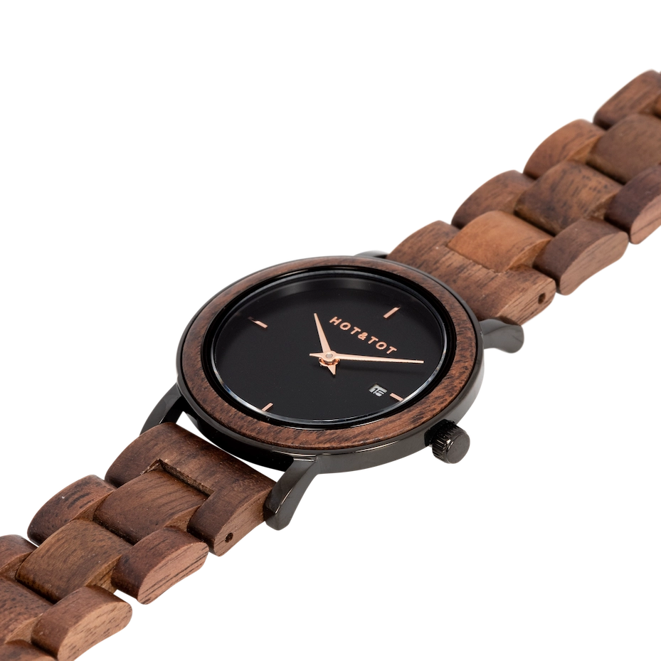 NYX | Holzuhr für Damen | Walnussholz | Roségoldener Edelstahl | 32 mm