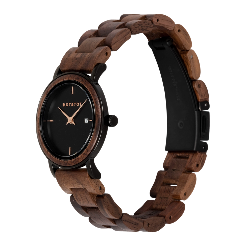 NYX | Holzuhr für Damen | Walnussholz | Roségoldener Edelstahl | 32 mm