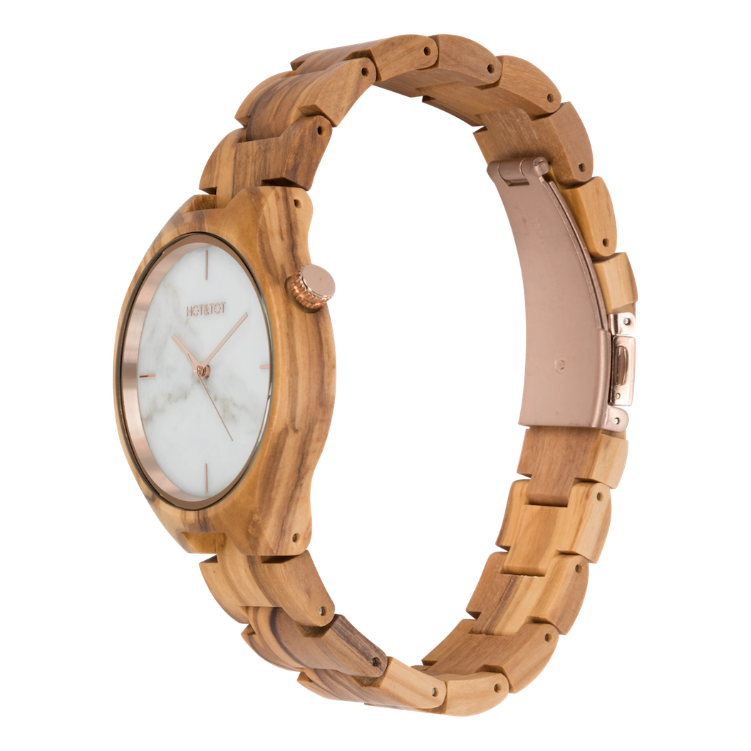 TAYGA Armbanduhr | Holzuhr | Weißer Marmor | Nachhaltig | Roségold