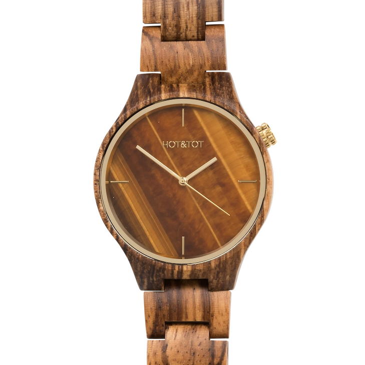 TIGANO Armbanduhr | Unisex Holzuhr | Tigerauge Stone | Nachhaltig | Gold