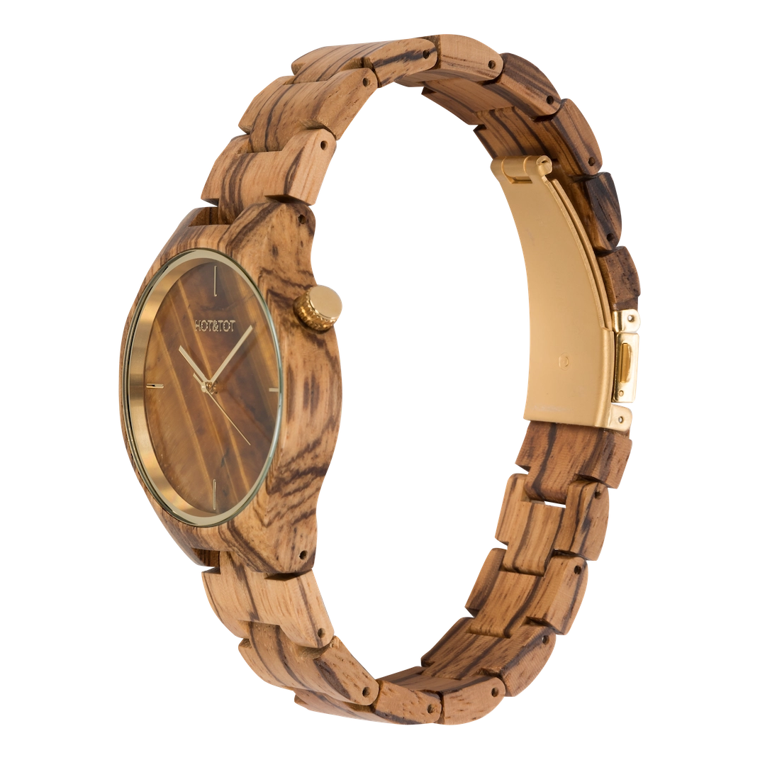 TIGANO Armbanduhr | Unisex Holzuhr | Tigerauge Stone | Nachhaltig | Gold