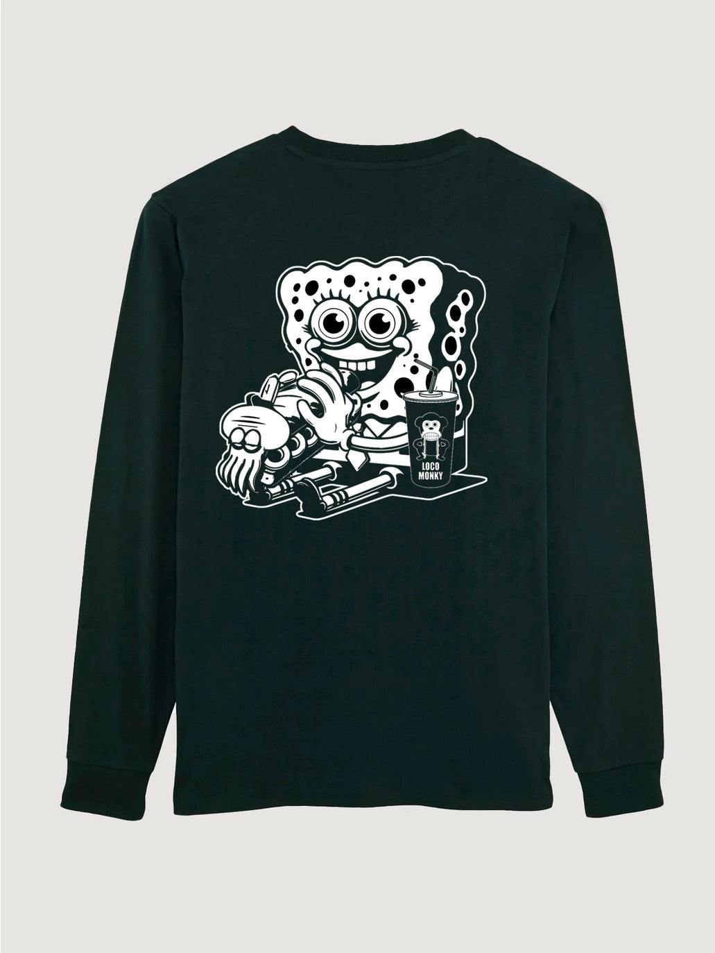 Loco Monky Squid Sandwich Langarmshirt – Schwarz, Unisex, 100 % Baumwolle