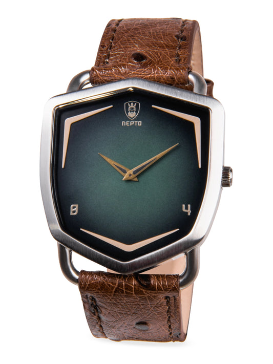 Shield Green Spectra – Herrenuhr | Dunkelgrünes Zifferblatt | Straußenlederarmband Braun