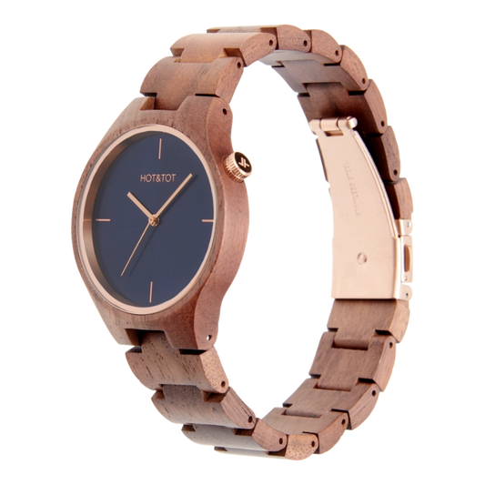 NEU BIXIE | Uhr aus Walnussholz | Roségold | Blaues Zifferblatt | 40 mm