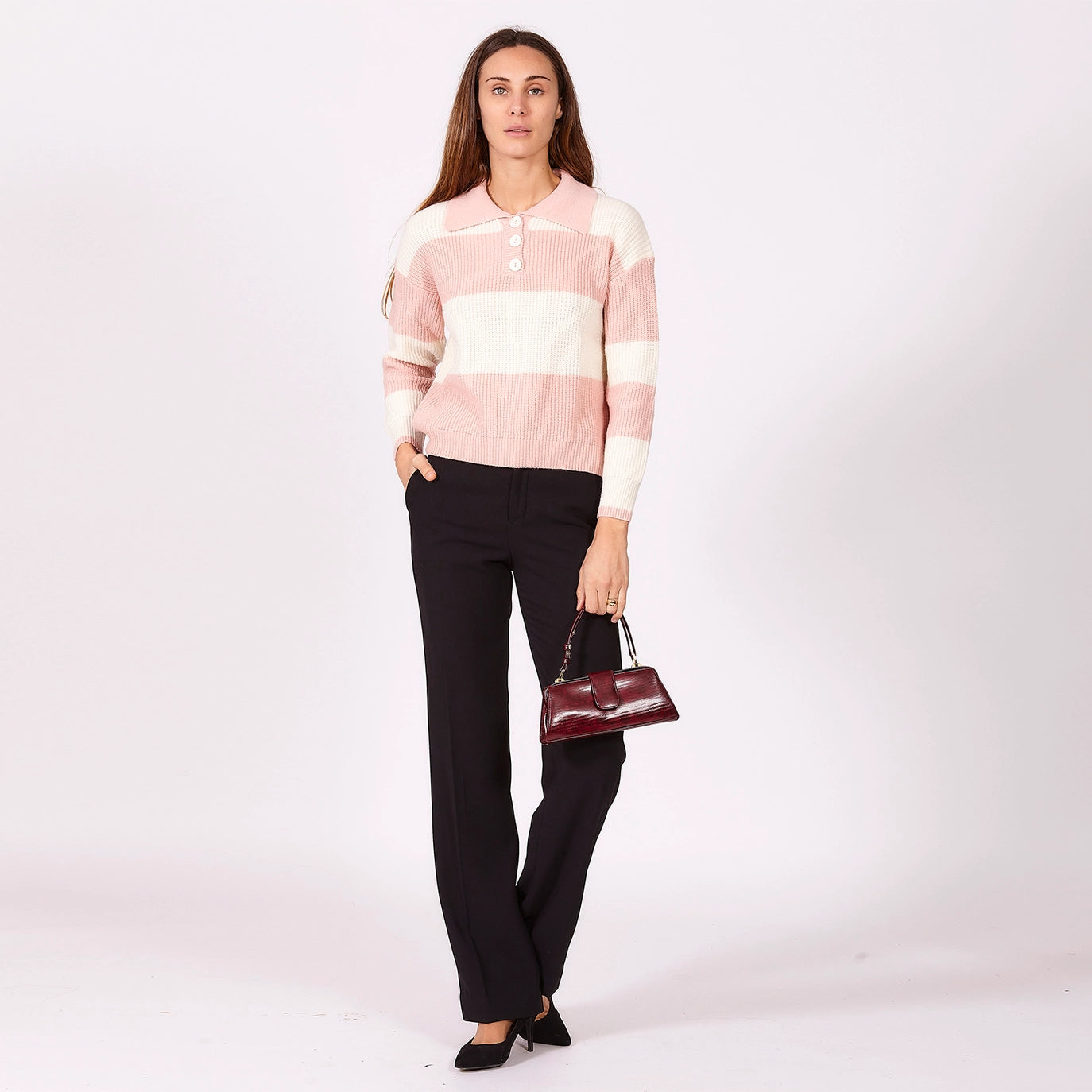 Prinzessinnenpullover – Rosa-weiß gestreifter Pullover im femininen Stil