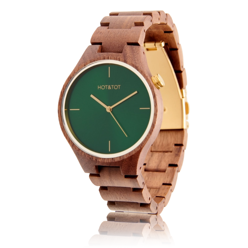 NEW SILVA Armbanduhr | Unisex Uhr aus Nussbaumholz | Gold | Grünes Zifferblatt | 40 mm