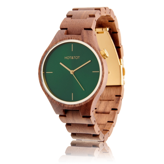 NEW SILVA Armbanduhr | Unisex Uhr aus Nussbaumholz | Gold | Grünes Zifferblatt | 40 mm
