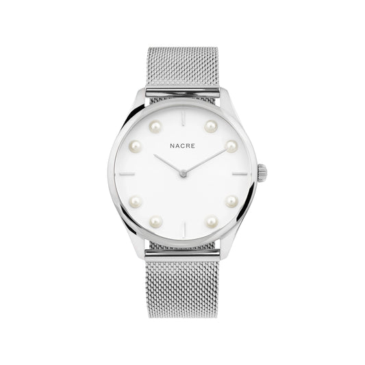 Nacre Lune 8 Uhr Pearl Marker Zifferblatt Edelstahl-SS Mesh