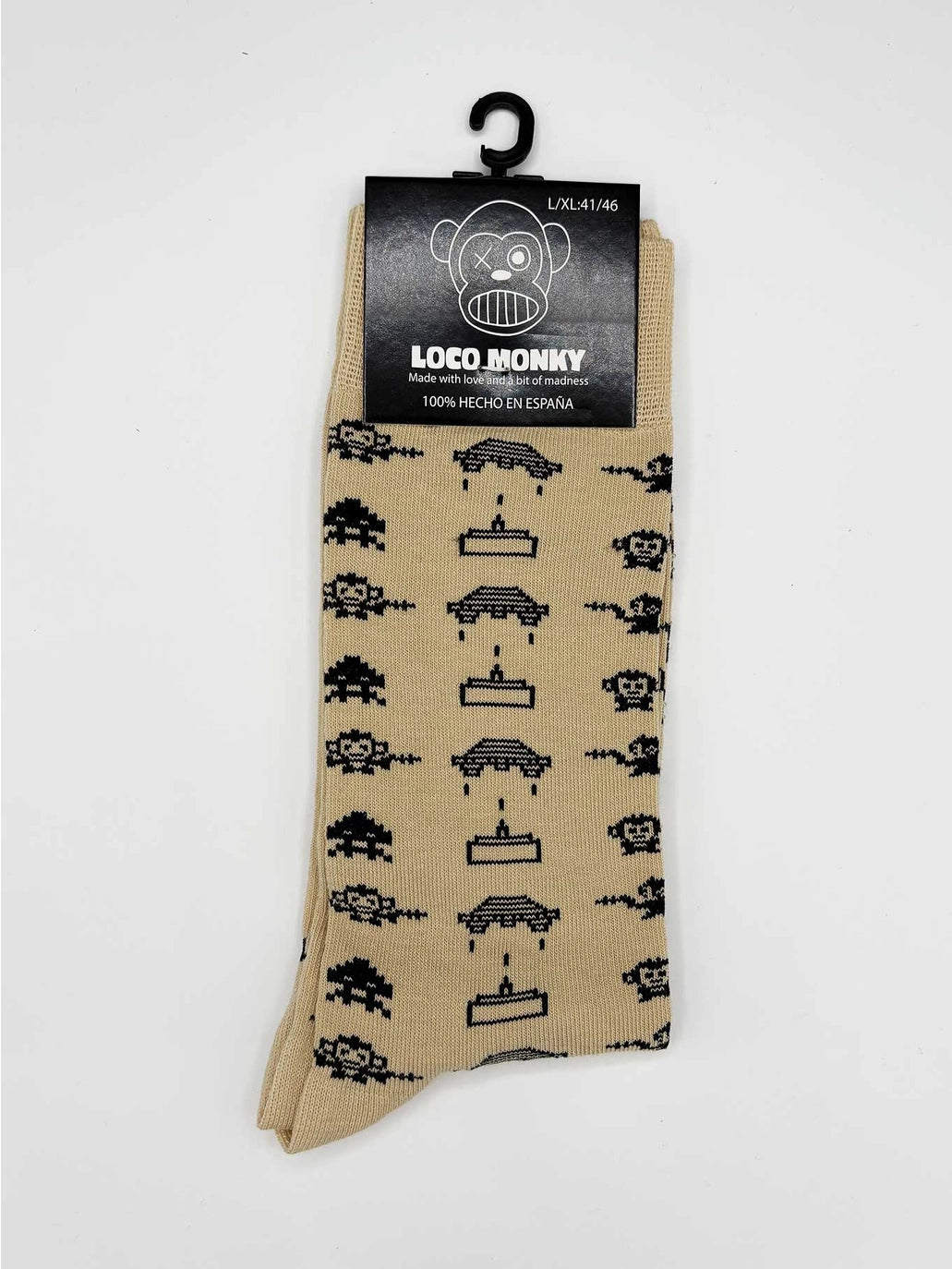 Space Monky Socken – Loco Monky Sand | Beige mit Space Invaders Design