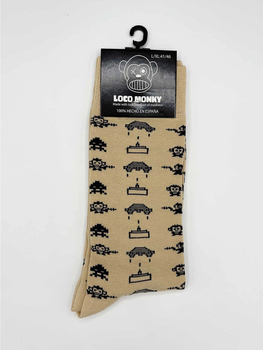 Space Monky Socken – Loco Monky Sand | Beige mit Space Invaders Design