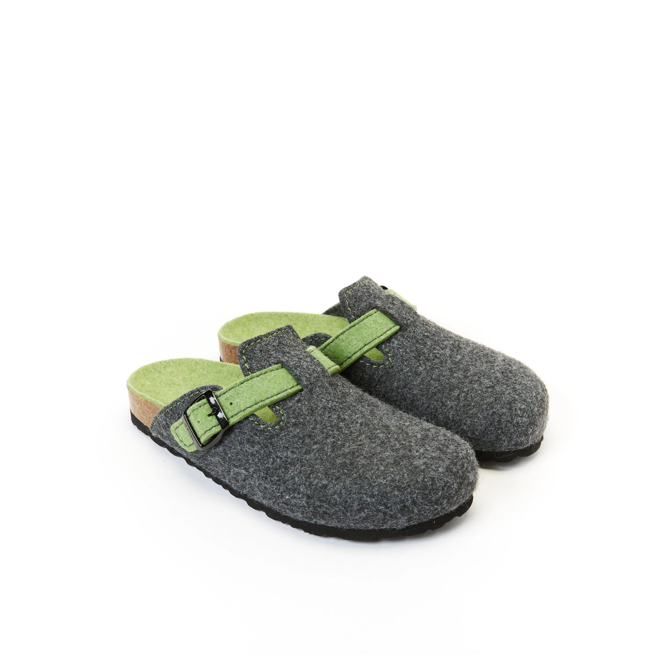 Pantoffel NOE – Grauer Filz mit grünem Riemen