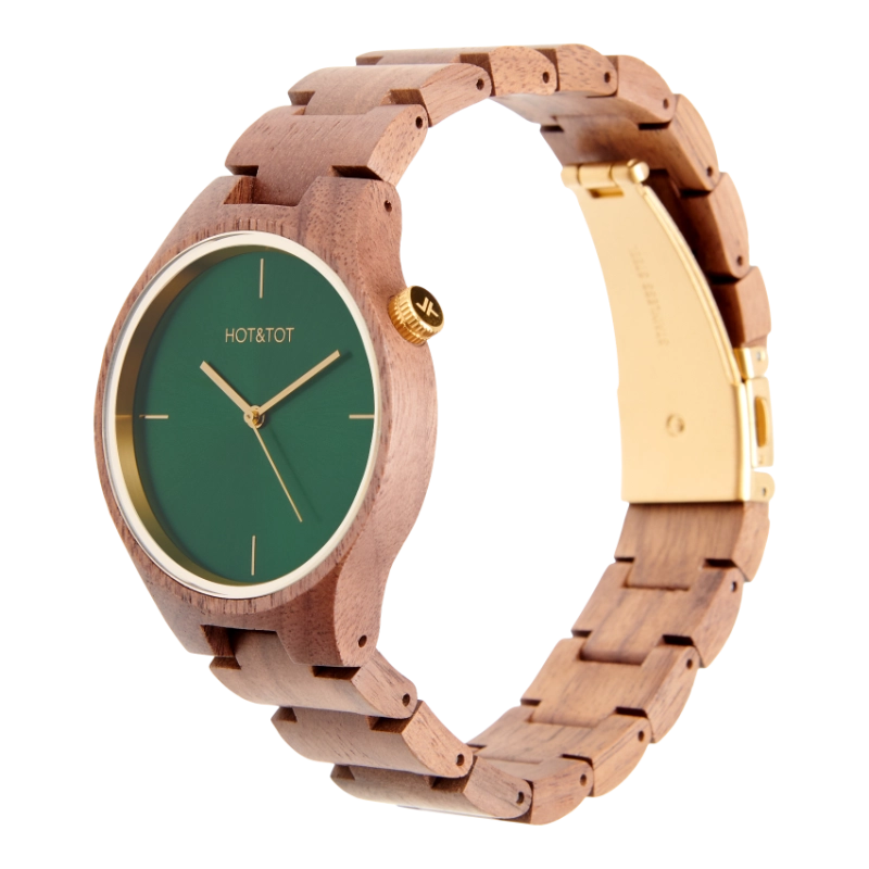 NEW SILVA Armbanduhr | Unisex Uhr aus Nussbaumholz | Gold | Grünes Zifferblatt | 40 mm